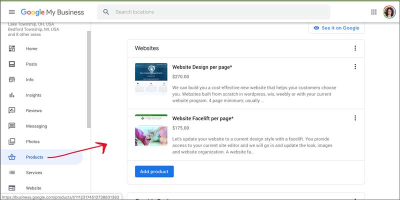 add products to google mybusiness